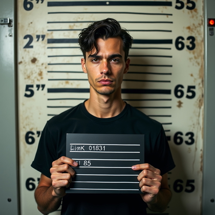 AI-generated photo: Photorealistic, high-resolution straight-on booking style portrait designed like a hybrid between an...