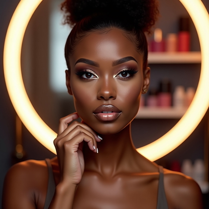 AI-generated photo: Photorealistic beauty portrait photograph. Full glam beauty shot framed from mid-torso upward, with ...