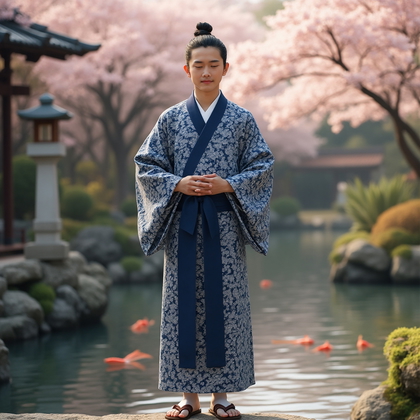 AI-generated photo: Cultural Attire Portrait featuring a man in a traditional Japanese yukata, crafted from lightweight ...