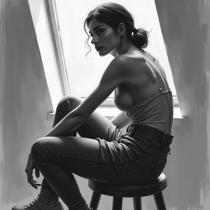 Charcoal and white chalk drawing: On toned gray paper, a seated figure turns slightly on an industrial stool then rotates the torso toward the viewer, one forearm resting on the stool back and the other hand relaxed on the thigh, while a high clerestory window rakes light across the face and white chalk kisses the brightest planes. Edges shift from crisp contour around the features to atmospheric smudge along the shoulders and background, with gestural hatch marks describing fabric folds and negative-space shapes. A subtle chin lift and steady gaze convey calm focus. Fixative blotting and kneaded-eraser lifts create a lively surface without losing clarity in the facial structure.