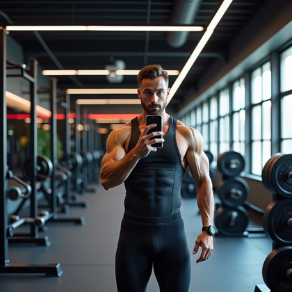 AI-generated photo: Photorealistic gym mirror selfie photo in a modern weight room with a full wall mirror, matte-black ...