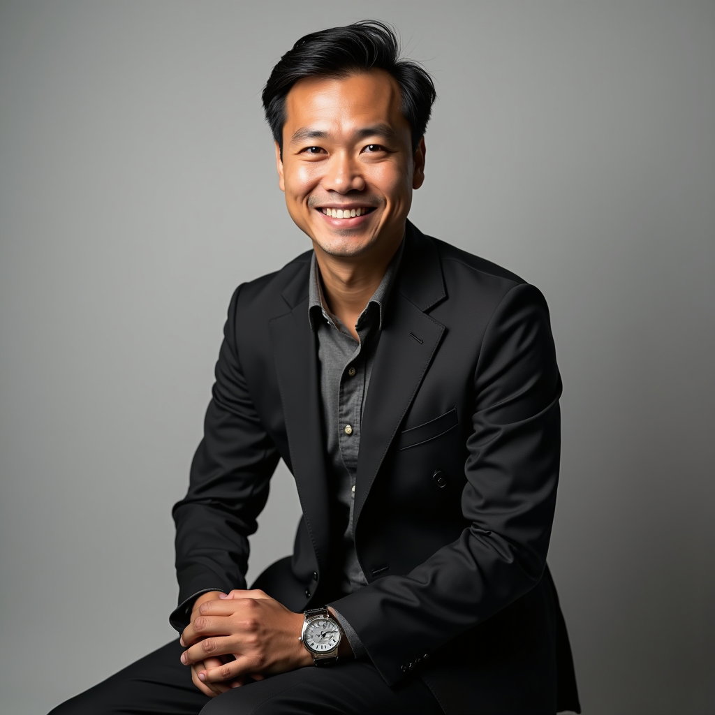 AI-generated photo: Professional headshot: neutral studio canvas backdrop in soft stone gray, subtle texture barely visi...