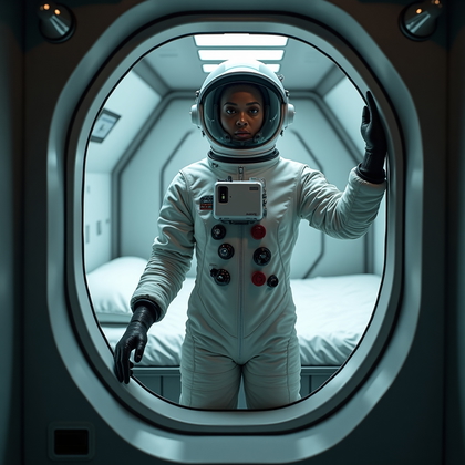 AI-generated photo: Cinematic photorealistic portrait photography, a solitary astronaut stands in the threshold between ...