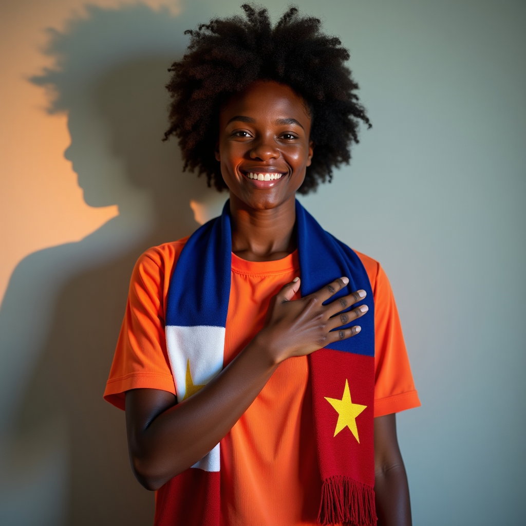 Simple Jersey-and-Scarf World Cup Fan Portraits example: Photorealistic sports fan portrait photography. Half-body portrait of a fan standing with one hand over the heart and th