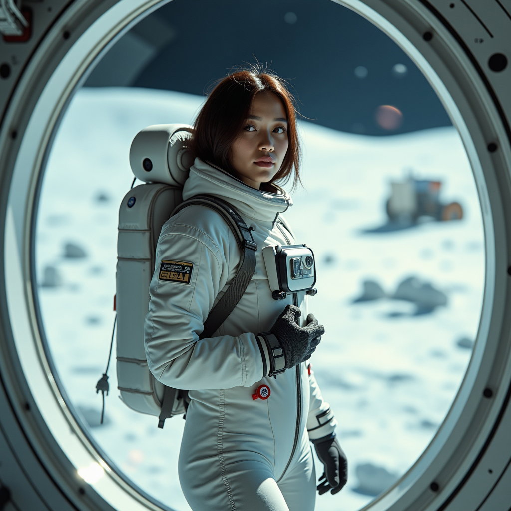 AI-generated photo: Photorealistic sci-fi portrait photography. A lunar explorer is portrayed inside a glass-domed obser...