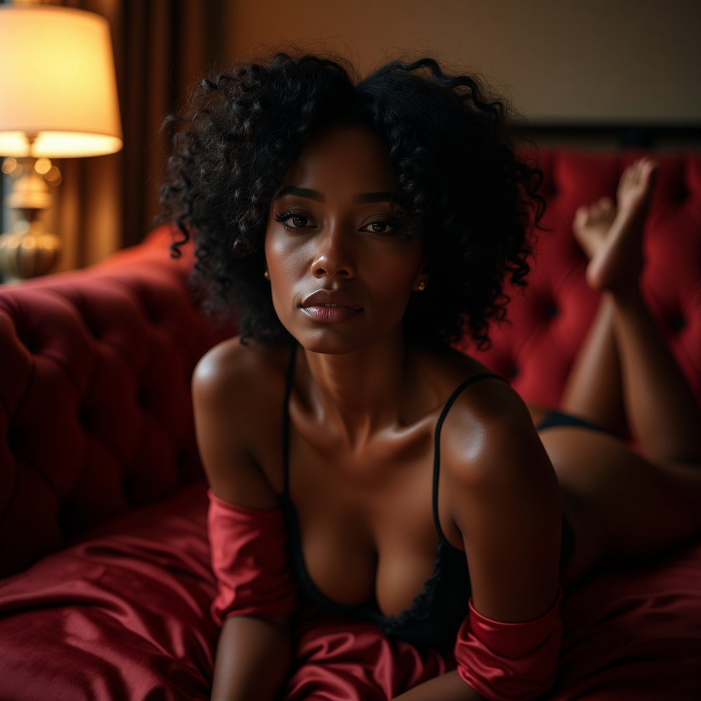 Smoldering Eye Contact example: Photorealistic boudoir photography. An intimate close-up portrait staged at the edge of a velvet chaise lounge, with the