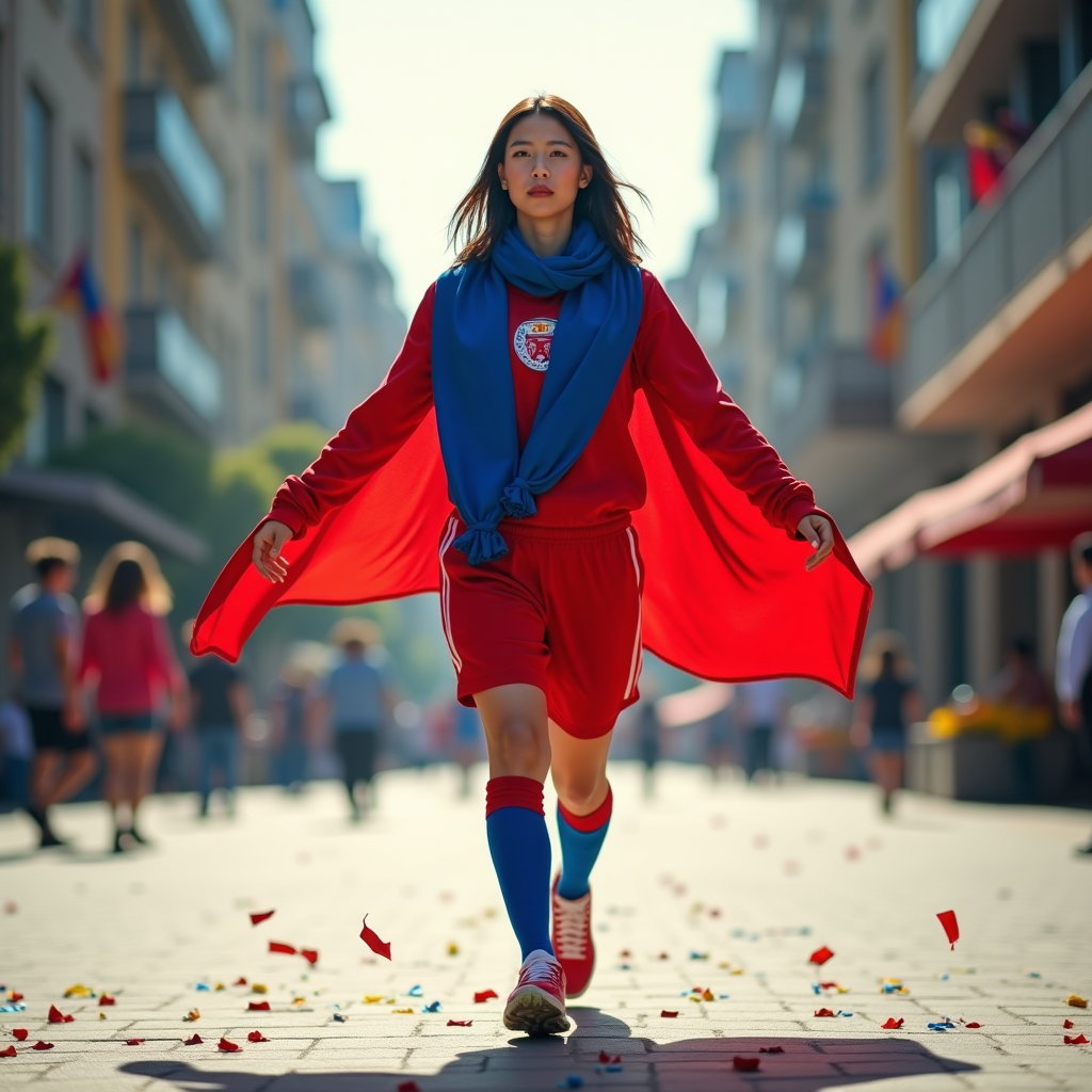 Flag-Draped National Pride Portraits example: Photorealistic full-body sports portrait photography. A full-body street portrait shows a fan walking forward with a nat