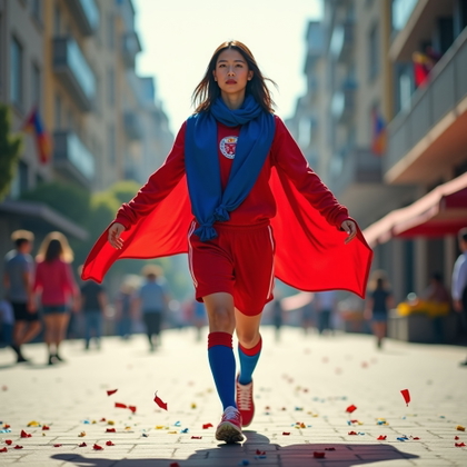 Flag-Draped National Pride Portraits example: Photorealistic full-body sports portrait photography. A full-body street portrait shows a fan walking forward with a nat
