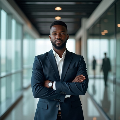Corporate portrait photograph. Half-body standing portrait in a quiet glass-walled office corridor, with the subject facing the viewer, arms confidently crossed, posture upright, and a calm authoritative expression. Style with a structured suit or premium business separates, soft daylight through frosted glass, muted gray and navy tones, and a clean modern corporate atmosphere with no clutter.