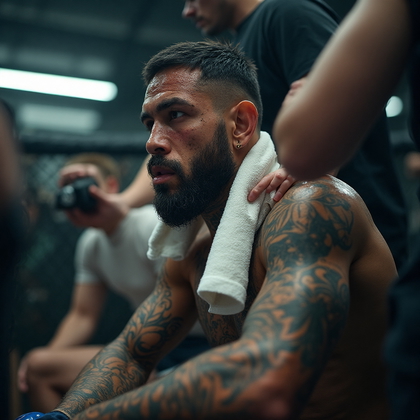 AI-generated photo: Photorealistic close-up photograph capturing a UFC fighter in the gritty aftermath of a grueling mat...