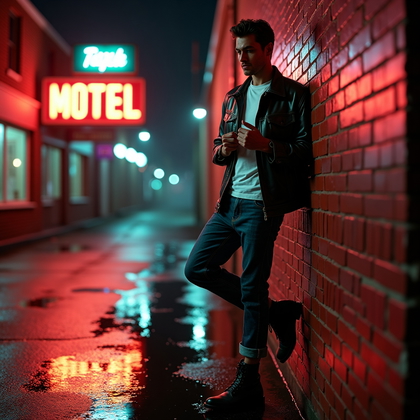 AI-generated photo: Photorealistic 1950s-style nighttime greaser portrait in a rain-slick alley beside a brick wall and ...
