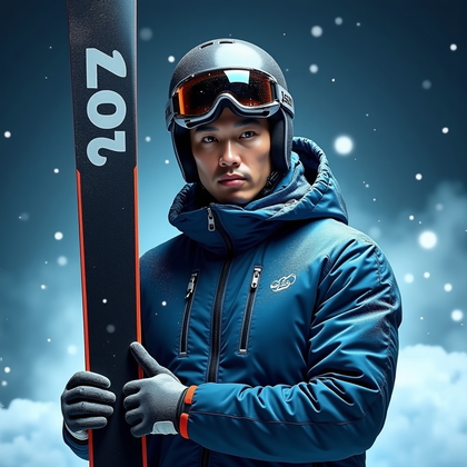 AI-generated photo: Photorealistic studio portrait photograph. The athlete is centered in frame in full winter Olympic g...