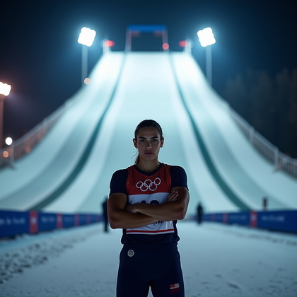 AI-generated photo: Photorealistic sports portrait photography. Athlete stands at the base of an Olympic ski jump tower ...