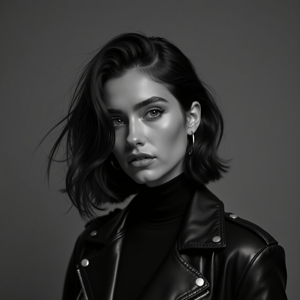 Moody Black-and-White Ballad Album Cover Portraits example: Photorealistic black-and-white album cover portrait. Square profile/avatar crop in a three-quarter pose, the subject wea