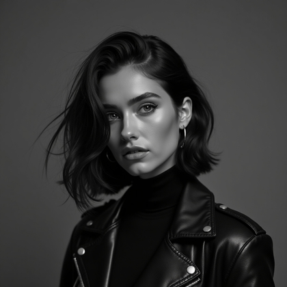 Moody Black-and-White Ballad Album Cover Portraits example: Photorealistic black-and-white album cover portrait. Square profile/avatar crop in a three-quarter pose, the subject wea