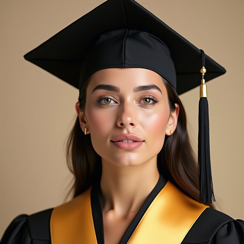 AI-generated photo: Professional beauty portrait photography, ultra-refined close-up graduation portrait crafted as a mo...