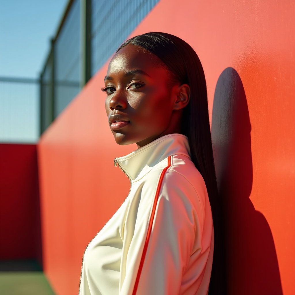 Edgy Street-Style Tenniscore Portraits example: Photorealistic fashion portrait photography. Square avatar-style crop from chest up against a bold painted court wall, t