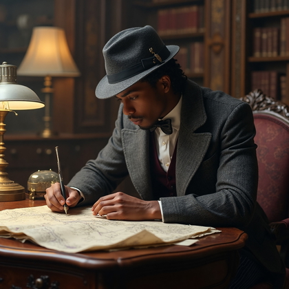 AI-generated photo: Cosplay photo of a character embodying a Victorian detective, dressed in a finely tailored, charcoal...
