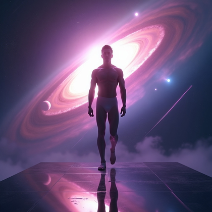 AI-generated photo: Photorealistic portrait photography, elaborate full-body backlit cosmic hero scene staged on a minim...
