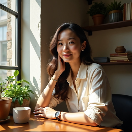 Photorealistic lifestyle portrait photography: Seated at a sunlit corner table in an artisan coffee shop, large window casting soft patterned light across a textured plaster wall, relaxed upright pose with one forearm resting near a ceramic mug and the other hand lightly touching the tabletop, elevated casual outfit with layered neutrals and a refined watch, direct gaze with a warm, approachable expression, shelves of plants and books forming a soft-focus backdrop, natural color grading with gentle contrast, crisp detail, and clean, flattering reflections in the eyes.