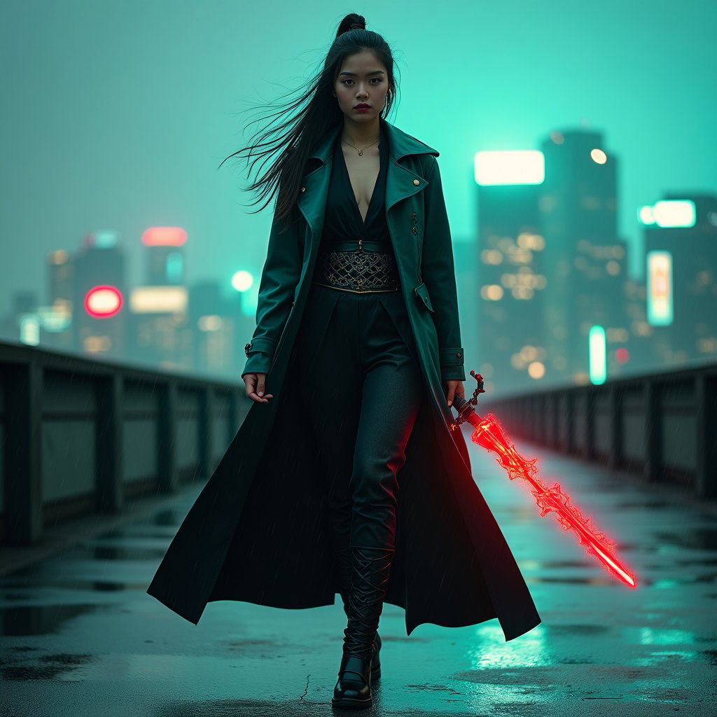 Solo Idol-Hunter Hero Portrait example: Cinematic fantasy character photo. Full-body idol-hunter portrait with the face clearly visible, standing in a wide powe