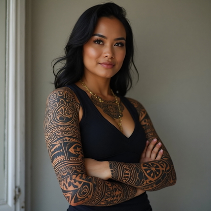 AI-generated photo: Photorealistic photography of a woman with a striking, full-sleeve tattoo on her left arm, depicting...