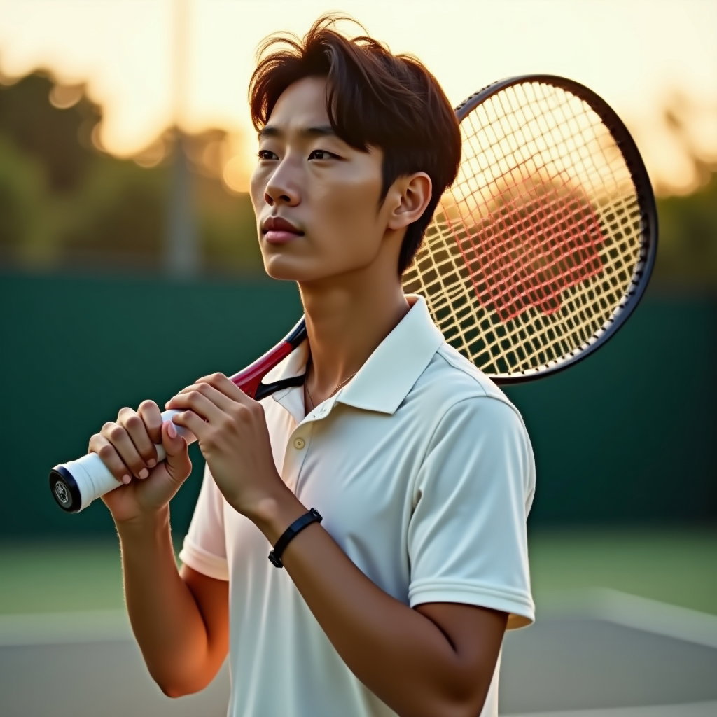 Confident Racket-Over-Shoulder Hero Portraits example: Photorealistic half-body editorial portrait photography. Pose the subject standing at a slight angle with the racket bal
