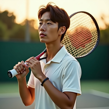 Confident Racket-Over-Shoulder Hero Portraits example: Photorealistic half-body editorial portrait photography. Pose the subject standing at a slight angle with the racket bal