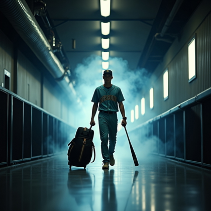 AI-generated photo: Photorealistic professional sports photography of a dynamic tunnel walk, captured at a low angle as ...