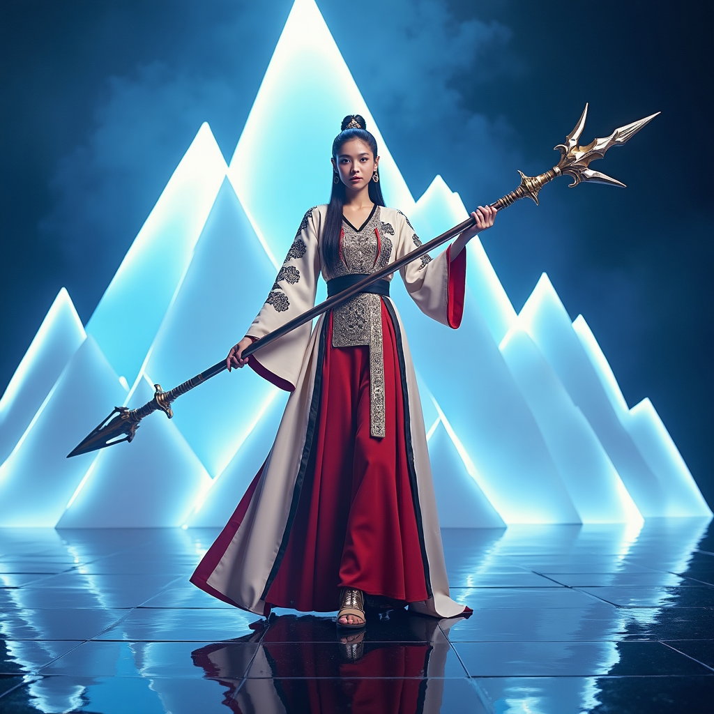 Hanbok-Inspired Demon Hunter Portrait example: K-pop fantasy editorial photo. Hero portrait on a glossy concert stage with a jagged mountain-shaped LED backdrop, the s