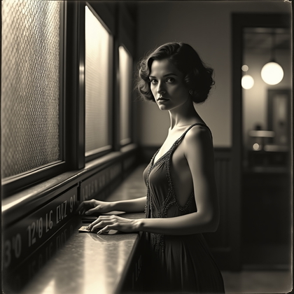 AI-generated photo: 1920s photogravure-style gelatin silver speakeasy portrait photograph: at the coat-check cage, frame...