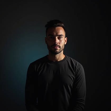 AI-generated photo: Photorealistic studio portrait. The subject stands just inside a narrow beam of light created by fla...