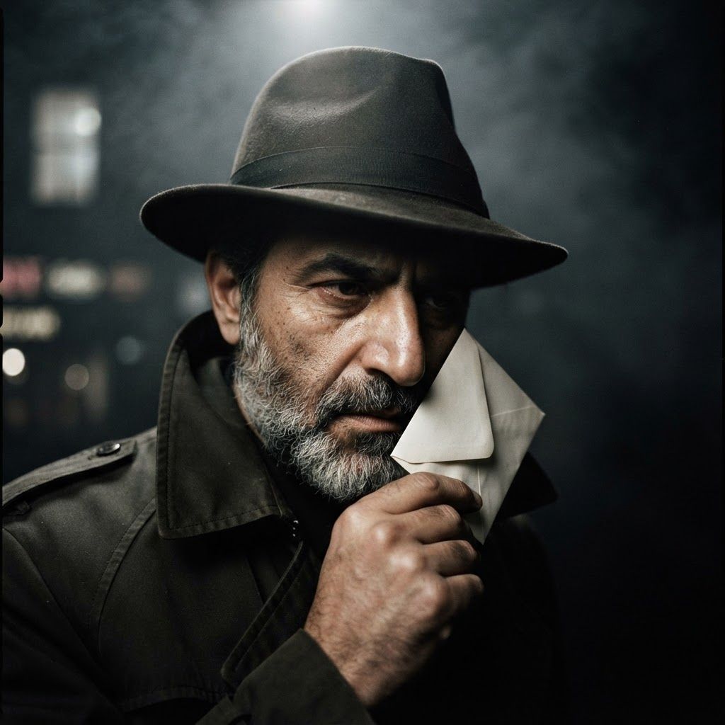 Private Eye Close-Up: Moody close-up portrait of a solitary private eye with the trench collar lifted high and fedora brim casting a long shadow over the brow.