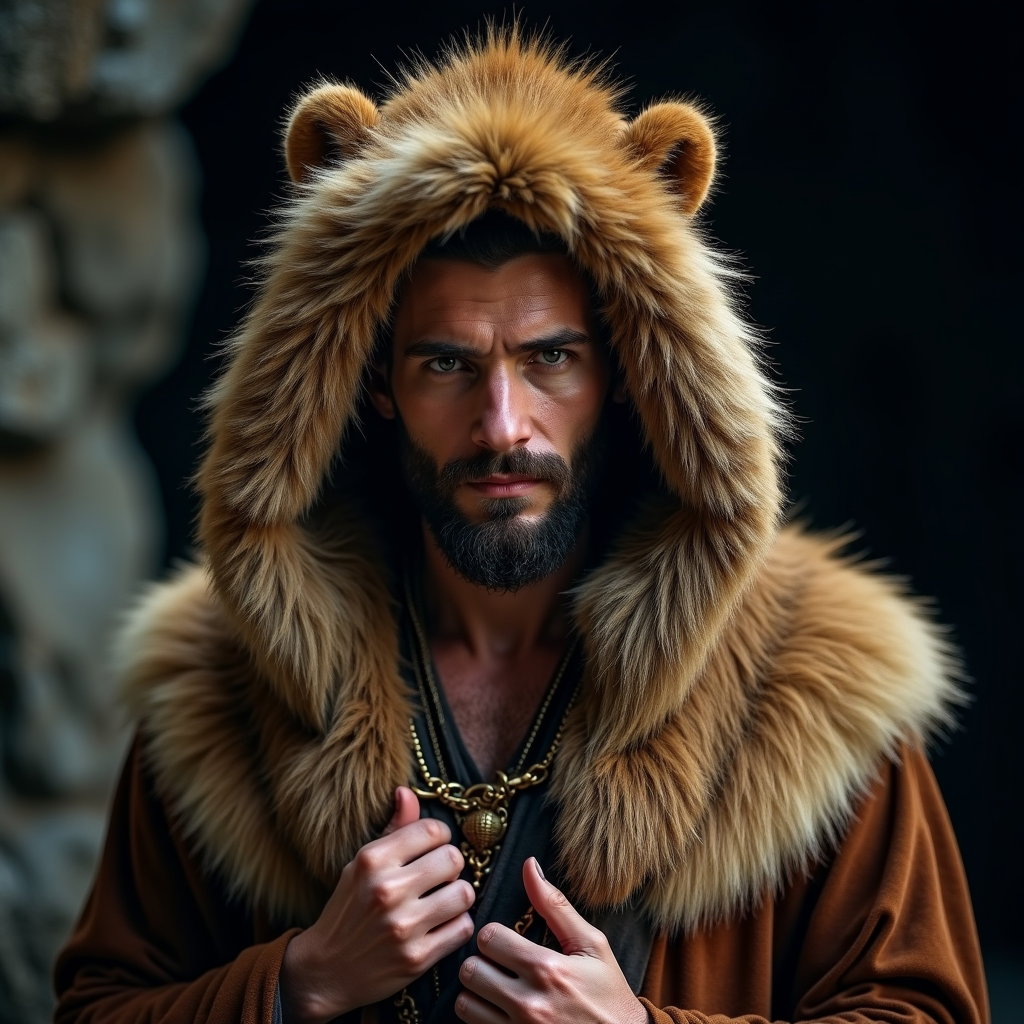 Solo Hercules Lion-Cloak Power Portrait example: Cinematic mythological portrait photography. A tight close-up frames the face clearly under a lion-cloak hood, with one