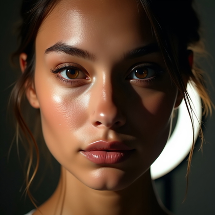 AI-generated photo: Photorealistic beauty portrait photograph, close-up framing in a sleek makeup studio, with the subje...