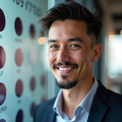 AI-generated photo: Professional headshot. Medium close-up beside a glass strategy wall with tidy brand-colored circle d...