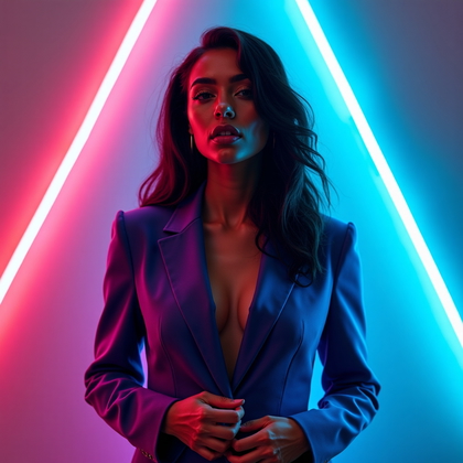 AI-generated photo: Photorealistic neon editorial portrait photo with a three-quarter standing pose, one hand softly pin...