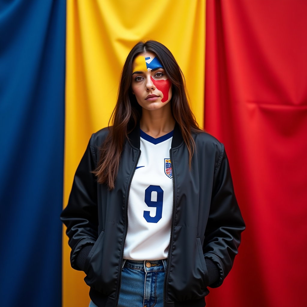 Bold Face-Paint Fan Portraits in National Colors example: Photorealistic editorial hero portrait photography. Subject stands centered against a wall of oversized vertical fabric