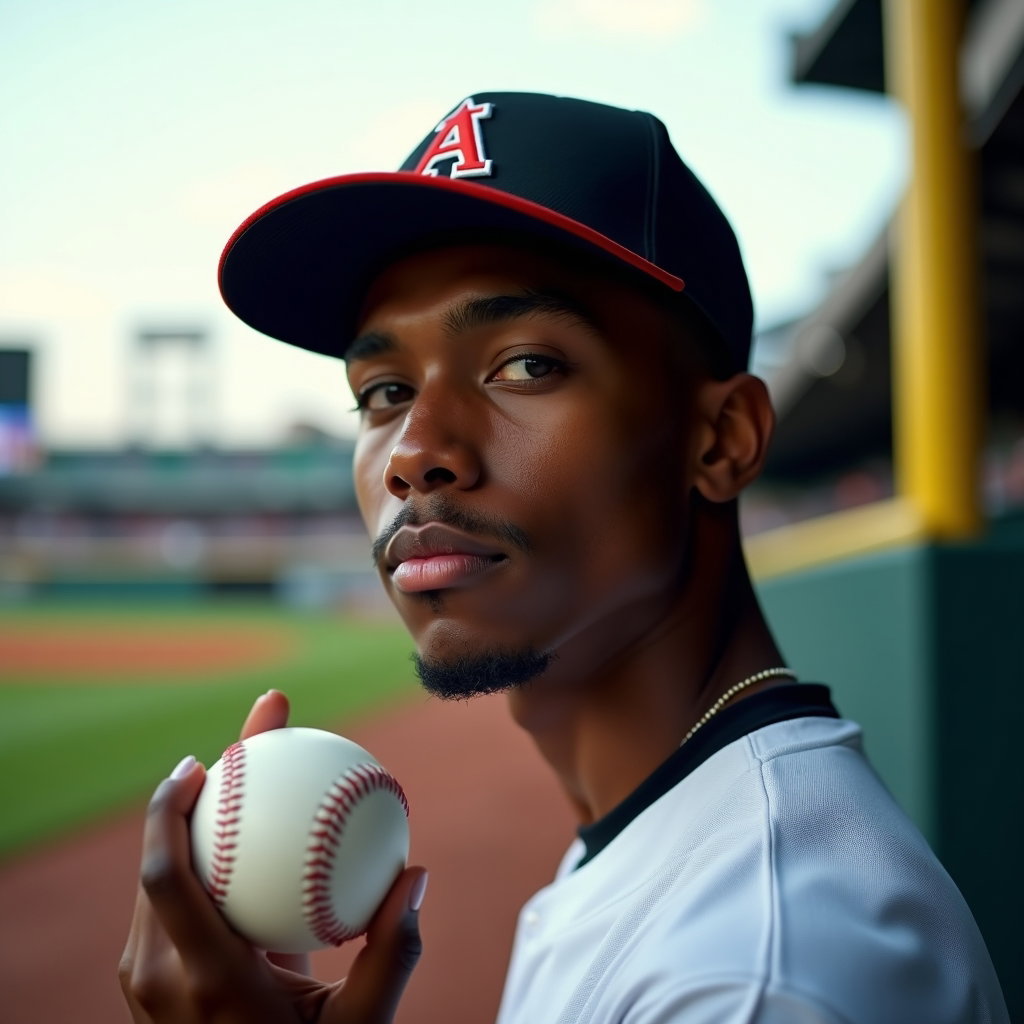 AI-generated photo: Photorealistic sports portrait photo on the warning track by the foul pole, the star raises a pristi...