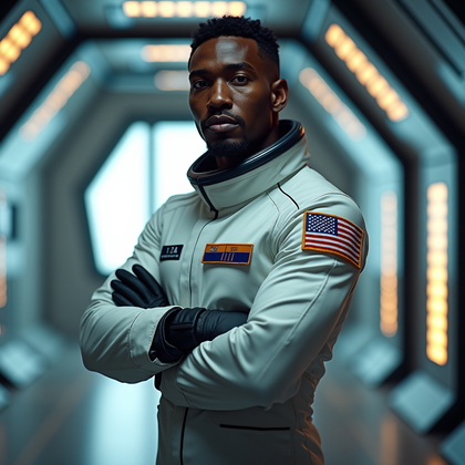 AI-generated photo: Professional portrait photography, a mission specialist posed in a lunar command corridor with illum...