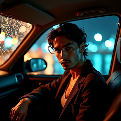 Photorealistic lifestyle photography inside a parked car on a rainy night, city sodium and storefront LEDs mixing into a dreamy mosaic through a windshield stippled with droplets and wiper arcs. The subject sits in the passenger seat angled toward the camera with the seatback slightly reclined, one forearm resting along the door and the other hand near the collarbone, inviting posture that feels intimate and self-assured. Warm dashboard glow fills the lower frame while cool streetlight spill edges the profile, creating a sultry color contrast that spotlights the face without glare. Framing is three-quarter length from the driver-side window, keeping the face unobstructed and tack-sharp as droplets streak the glass beyond. Minimal, refined wardrobe—open-collar layer under a tailored jacket—suggests off-duty sophistication, with a hint of condensation on the side window adding atmosphere.