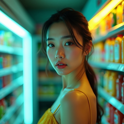AI-generated photo: Photorealistic beauty portrait photograph taken inside a small convenience store aisle, with the sub...