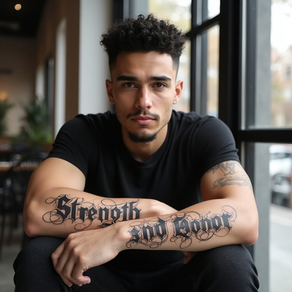 AI-generated photo: Photorealistic photography of a young man displaying an ornate blackwork text tattoo on his forearm....