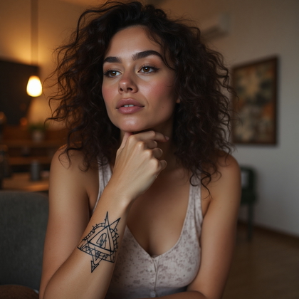 AI-generated photo: Photorealistic photography of a woman in a casual, relaxed pose, showcasing a blackwork geometric ta...
