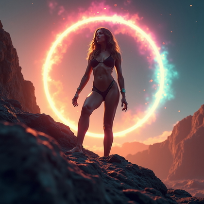 AI-generated photo: Photorealistic portrait photography, dynamic three-quarter body cosmic hero shot on a rocky alien ri...