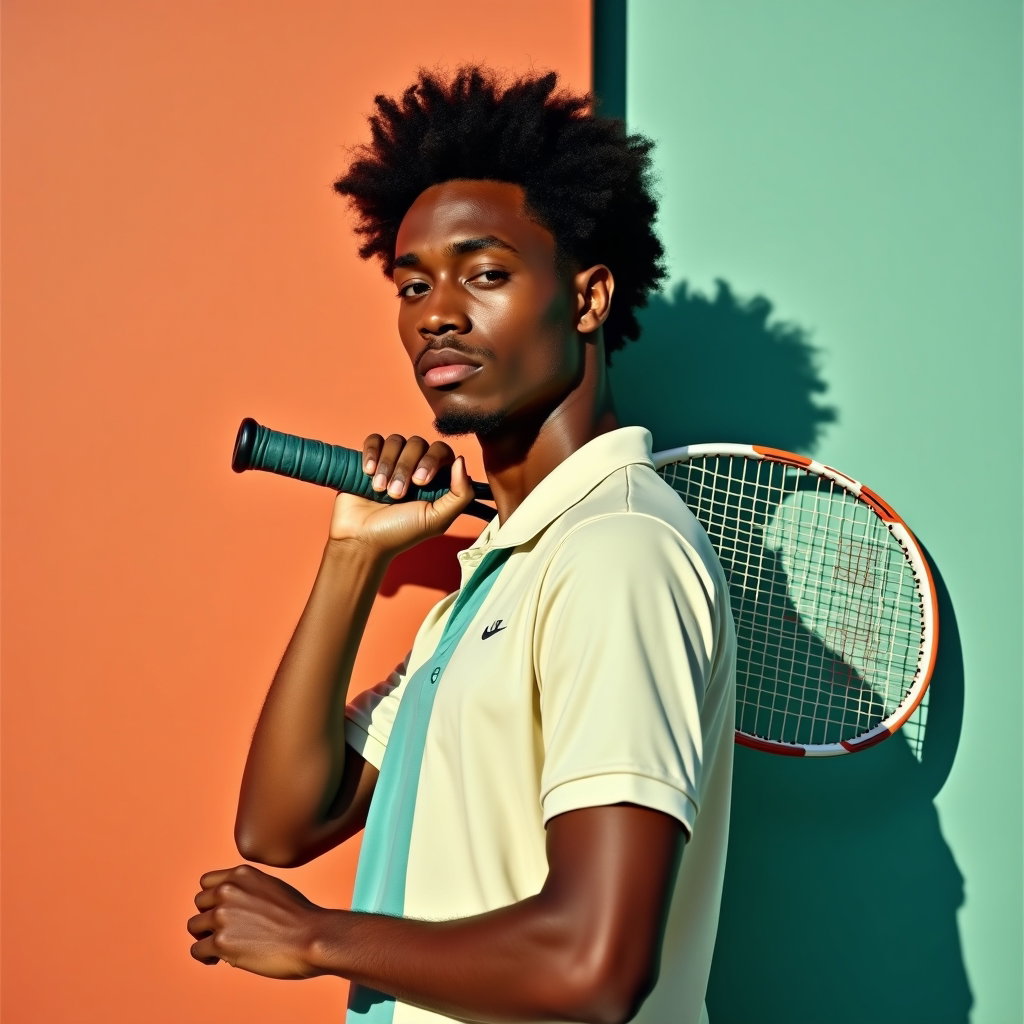 Confident Racket-Over-Shoulder Hero Portraits example: Photorealistic creative studio portrait photography. Place the subject against a bold color-block backdrop inspired by t