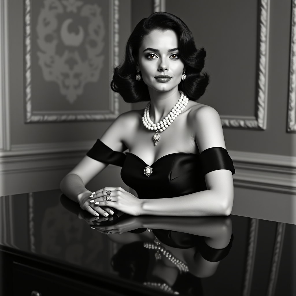AI-generated photo: Silver-gelatin Hollywood glamour headshot photograph composed symmetrically with the subject centere...