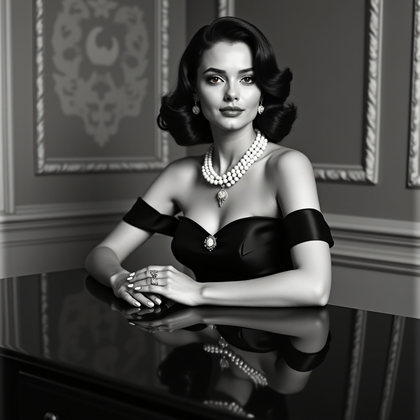 AI-generated photo: Silver-gelatin Hollywood glamour headshot photograph composed symmetrically with the subject centere...