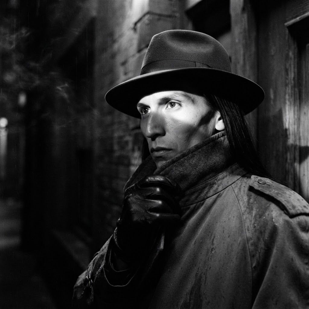 Private Eye Close-Up: Intimate over-the-collar close-up of a lone private eye in a shadowy urban entryway, fedora brim low and trench collar nearly touching the…