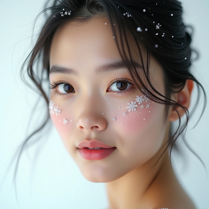 AI-generated photo: Photorealistic studio beauty portrait photo on a bright white seamless with soft high-key lighting a...